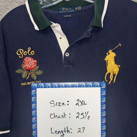 Polo Ralph Lauren Shirt Men's XXL 2XL Blue/Big Pony Rose Patch Embroider *Rare - Picture 6 of 8